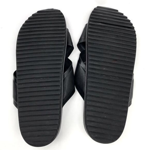 J/Slides OLIVIA Black Leather Crisscross White Stripe Slide Sandals - Picture 9 of 12